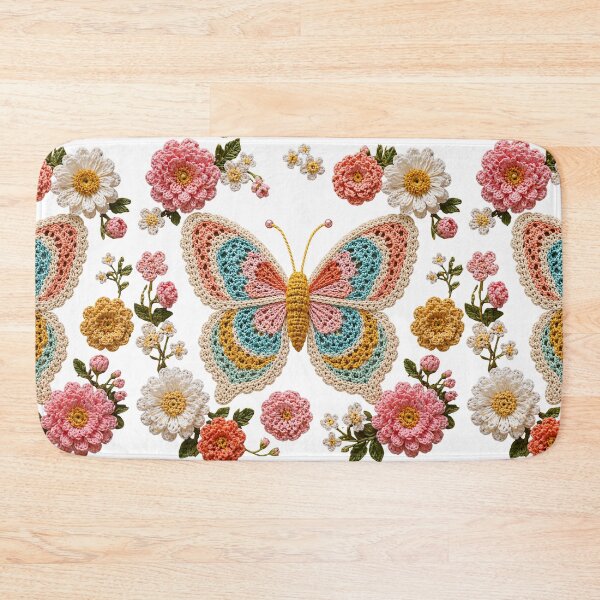 Item preview, Retro Crochet-Style Butterfly Floral Print on White Shapes Mania designed and sold by Shapes-Mania.