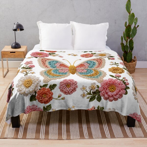 Item preview, Retro Crochet-Style Butterfly Floral Print on White Shapes Mania designed and sold by Shapes-Mania.