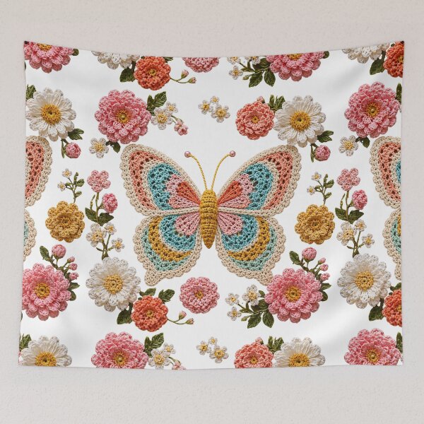 Item preview, Retro Crochet-Style Butterfly Floral Print on White Shapes Mania designed and sold by Shapes-Mania.