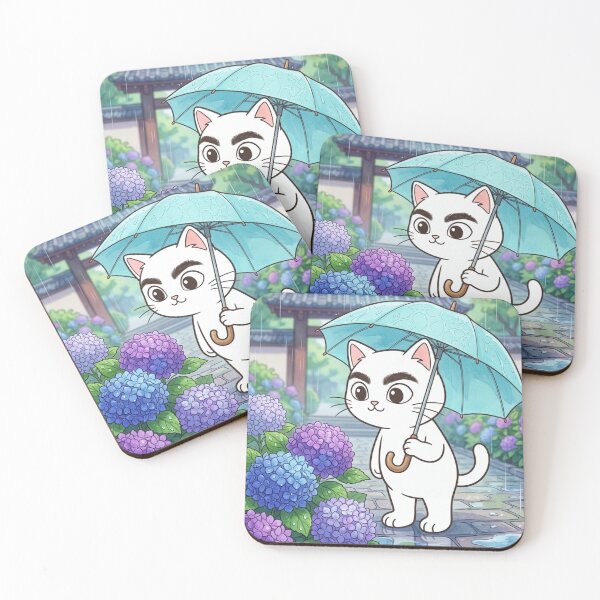 Item preview, Cat with Bold Brows in the Hydrangea Rain designed and sold by Komatoya.