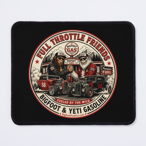 Item preview, Full Throttle Friends – Bigfoot & Yeti Hot Rod Retro Gasoline Badge Design designed and sold by Bigfoot Fuel Co.