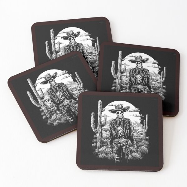 Item preview, Western Skeleton Cowboy in Desert Cactus Landscape | Gothic Southwest Skull Art designed and sold by inkoutninja.