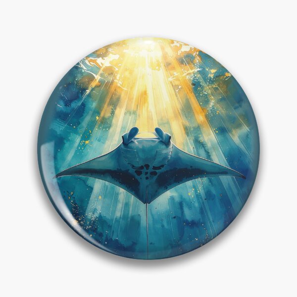 Item preview, Heavenly watercolor manta ray golden sunburst ocean below perspective marine art designed and sold by icemanphotos.