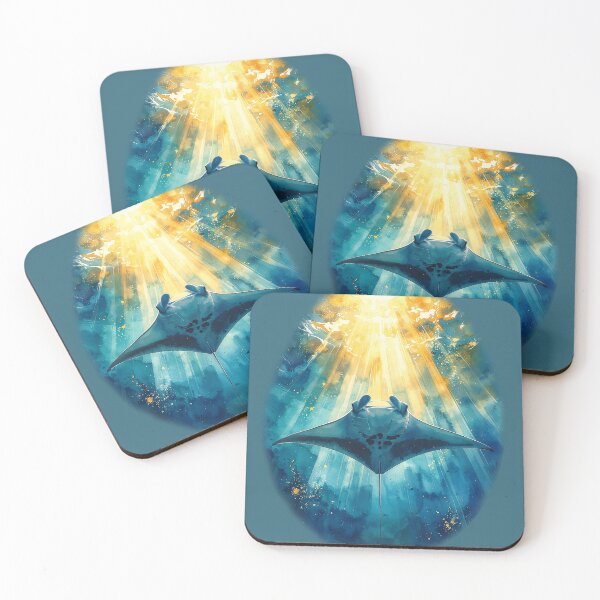 Item preview, Heavenly watercolor manta ray golden sunburst ocean below perspective marine art designed and sold by icemanphotos.