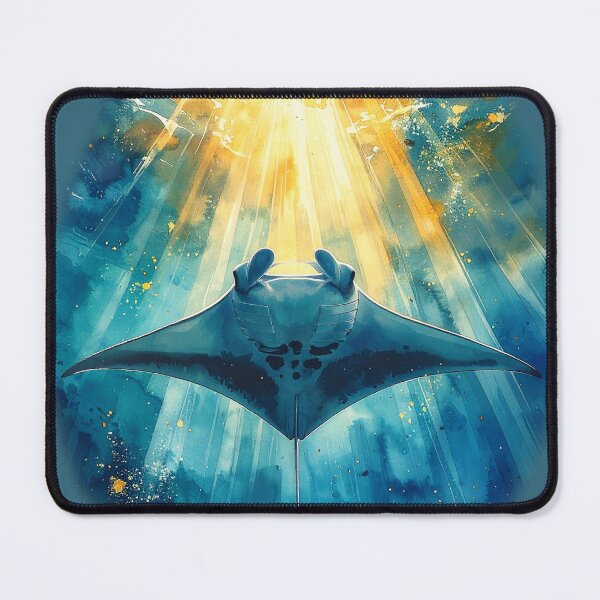Item preview, Heavenly watercolor manta ray golden sunburst ocean below perspective marine art designed and sold by icemanphotos.
