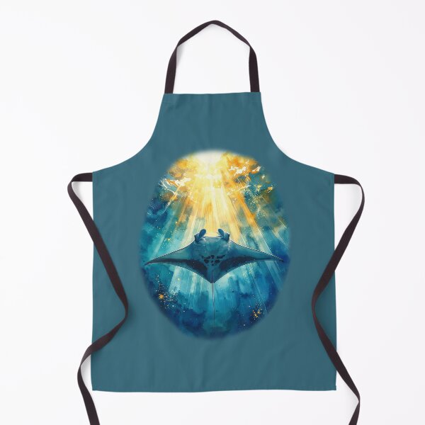 Item preview, Heavenly watercolor manta ray golden sunburst ocean below perspective marine art designed and sold by icemanphotos.