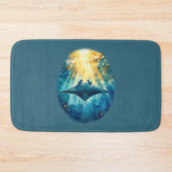Item preview, Heavenly watercolor manta ray golden sunburst ocean below perspective marine art designed and sold by icemanphotos.