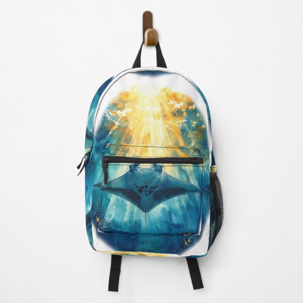 Item preview, Heavenly watercolor manta ray golden sunburst ocean below perspective marine art designed and sold by icemanphotos.