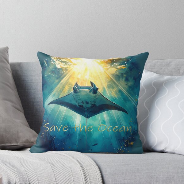 Item preview, Heavenly watercolor manta ray golden beams ocean marine art "save the ocean" theme designed and sold by icemanphotos.