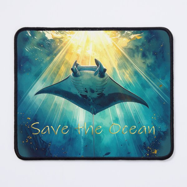 Item preview, Heavenly watercolor manta ray golden beams ocean marine art "save the ocean" theme designed and sold by icemanphotos.