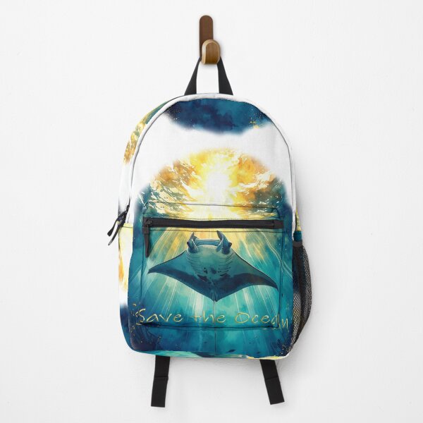 Item preview, Heavenly watercolor manta ray golden beams ocean marine art "save the ocean" theme designed and sold by icemanphotos.