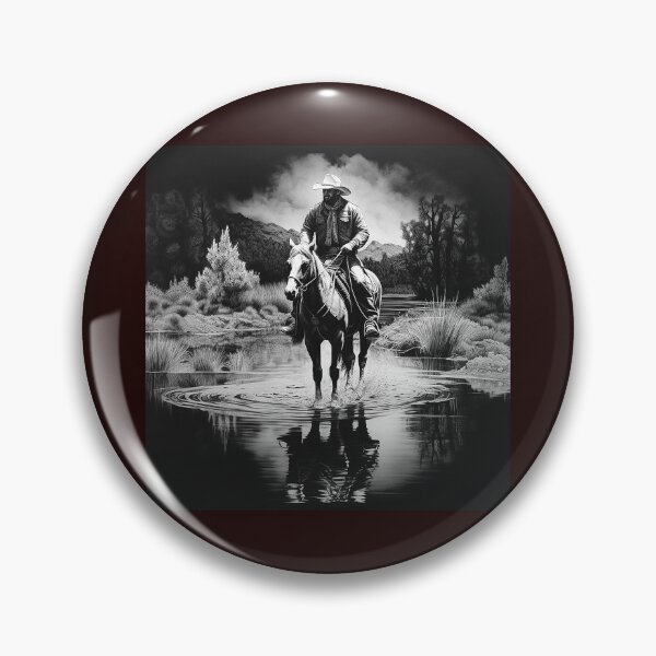 Item preview, Western Cowboy Riding Horse Through River | Black and White Ranch Art designed and sold by inkoutninja.