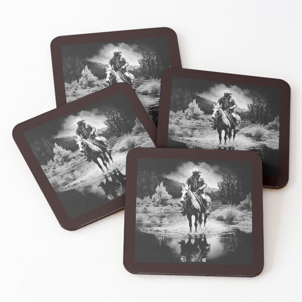 Item preview, Western Cowboy Riding Horse Through River | Black and White Ranch Art designed and sold by inkoutninja.