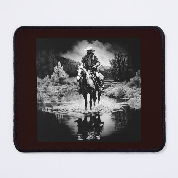Item preview, Western Cowboy Riding Horse Through River | Black and White Ranch Art designed and sold by inkoutninja.