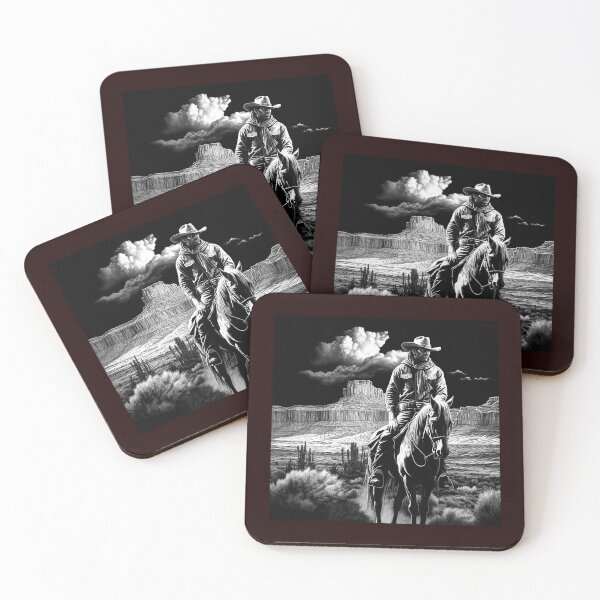 Item preview, Western Cowboy on Horse in Desert Canyon | Black and White Southwest Art designed and sold by inkoutninja.