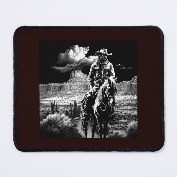 Item preview, Western Cowboy on Horse in Desert Canyon | Black and White Southwest Art designed and sold by inkoutninja.