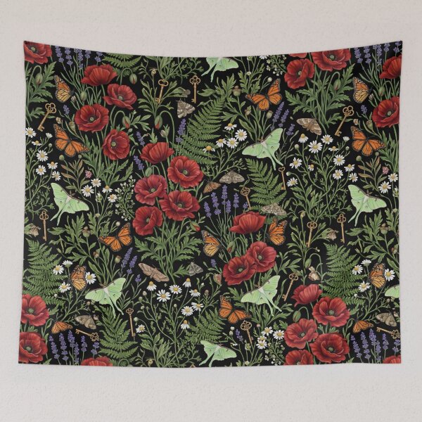 Item preview, Botanical Poppy Butterfly Field Dark Floral designed and sold by SplashTastic.