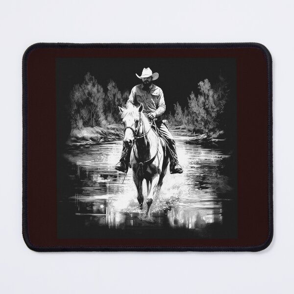 Item preview, Western Cowboy Riding Horse Through Water | Black and White Ranch Art designed and sold by inkoutninja.