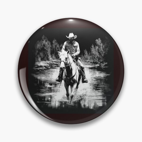 Item preview, Western Cowboy Riding Horse Through Water | Black and White Ranch Art designed and sold by inkoutninja.