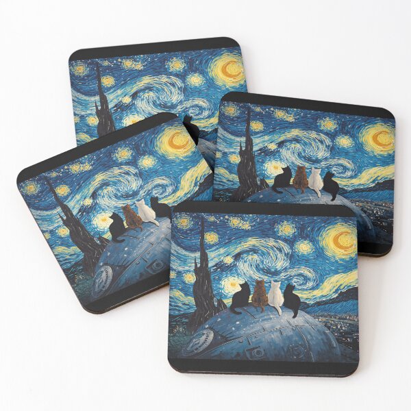 Item preview, Space Cats sitting on Space Station in Van Gogh's Starry Night designed and sold by EschatonGarden.