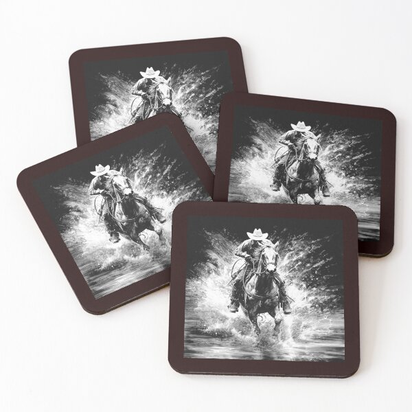 Item preview, Western Cowboy Horse Splashing Through Water | Black and White Rodeo Art designed and sold by inkoutninja.