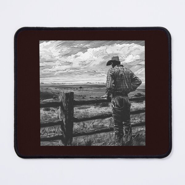 Item preview, Western Cowboy at Fence Looking Over Ranch | Black and White Country Art designed and sold by inkoutninja.