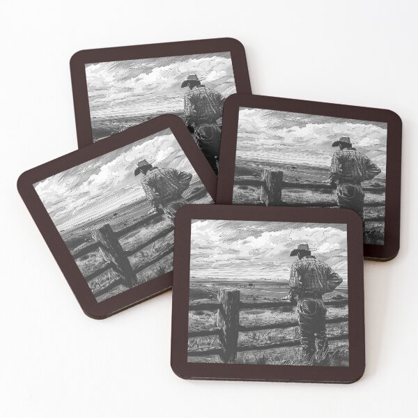 Item preview, Western Cowboy at Fence Looking Over Ranch | Black and White Country Art designed and sold by inkoutninja.