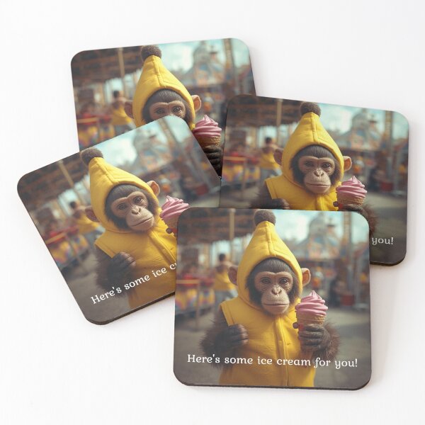 Item preview, Funny Monkey in Banana Costume Holding Ice Cream at Amusement Park – Summer Cute Meme Sticker for Phone Laptop designed and sold by Mustangana.