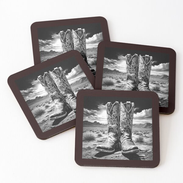 Item preview, Western Cowboy Boots in Desert Landscape | Black and White Southwest Art designed and sold by inkoutninja.