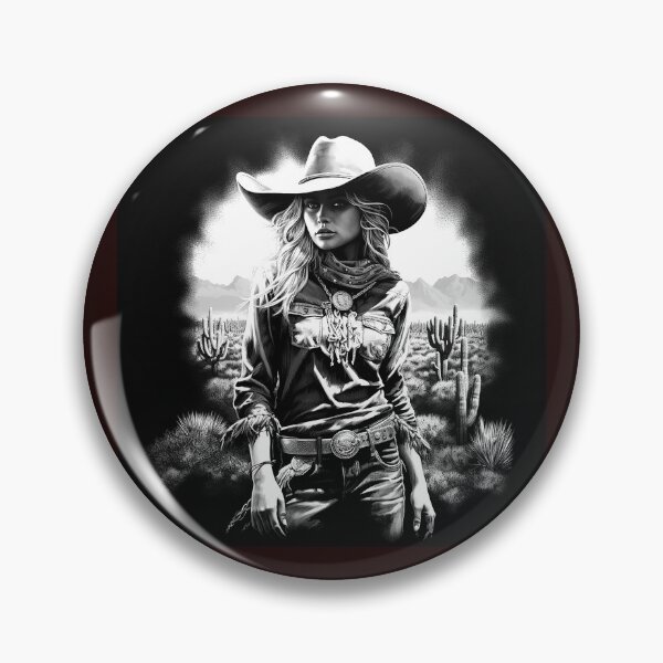 Item preview, Western Cowgirl in Desert Cactus Landscape | Black and White Southwest Art designed and sold by inkoutninja.