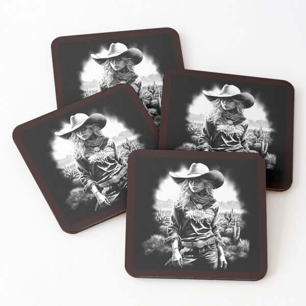 Item preview, Western Cowgirl in Desert Cactus Landscape | Black and White Southwest Art designed and sold by inkoutninja.