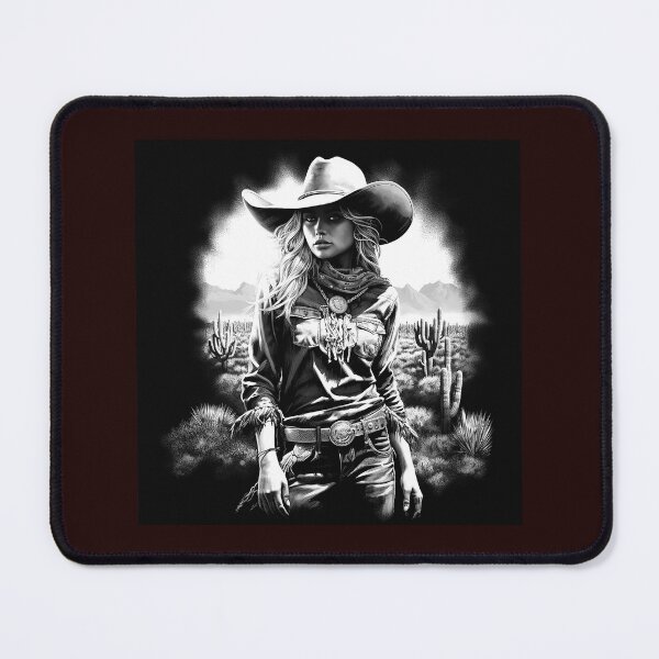 Item preview, Western Cowgirl in Desert Cactus Landscape | Black and White Southwest Art designed and sold by inkoutninja.