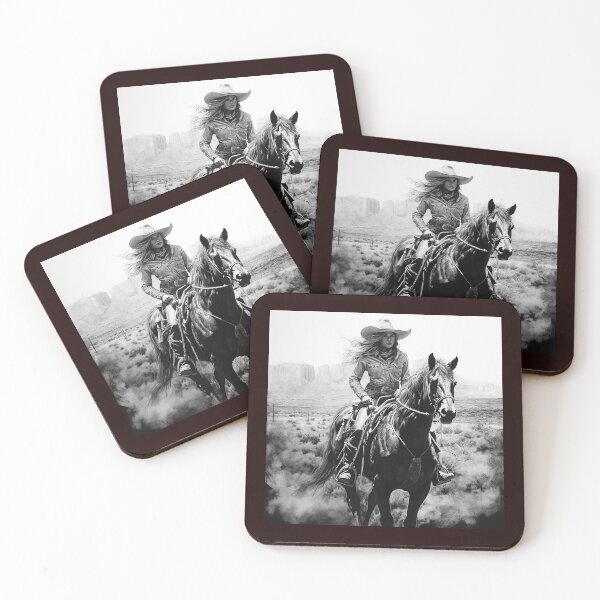 Item preview, Western Cowgirl Riding Horse in Desert | Black and White Southwest Art designed and sold by inkoutninja.