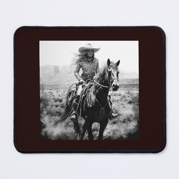 Item preview, Western Cowgirl Riding Horse in Desert | Black and White Southwest Art designed and sold by inkoutninja.
