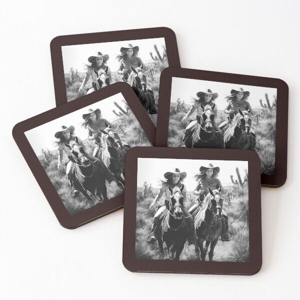 Item preview, Two Western Cowgirls Riding Horses | Black and White Desert Ranch Art designed and sold by inkoutninja.
