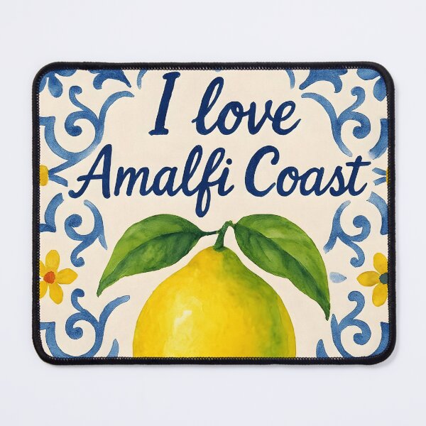 Item preview, I Love Amalfi Coast – Calligraphic Blue Lettering with Watercolor Lemon on Mediterranean Tile designed and sold by EmeraldeaArt.