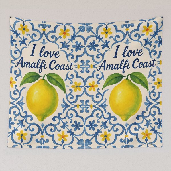 Item preview, I Love Amalfi Coast – Calligraphic Blue Lettering with Watercolor Lemon on Mediterranean Tile designed and sold by EmeraldeaArt.