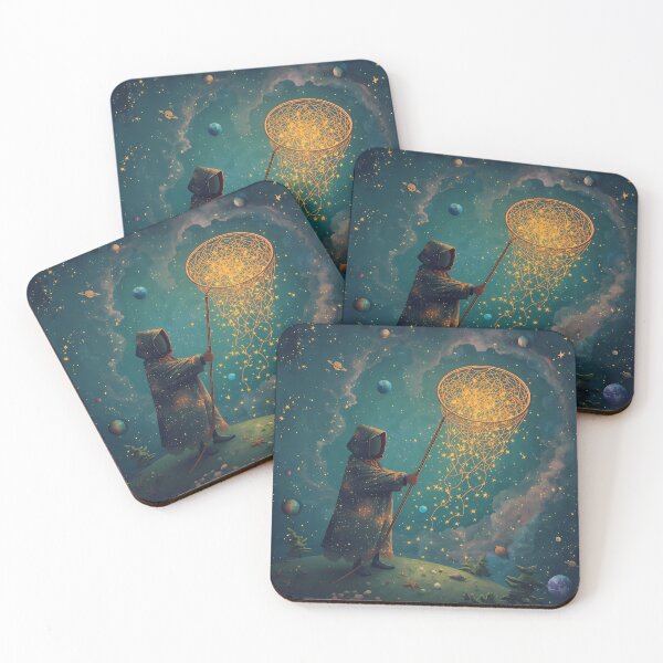 Item preview, Star Catcher - Solitary Cloaked Figure Catching Falling Stars in Cosmic Sky designed and sold by UnRealS.