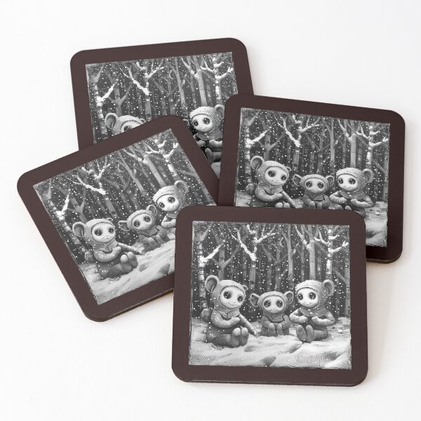 Item preview, Cute Woodland Creatures in Snowy Forest | Black and White Winter Fantasy Art designed and sold by inkoutninja.