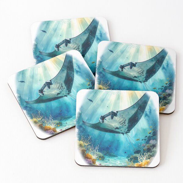 Item preview, Stunning watercolor manta ray coral reef underwater scene ocean art print designed and sold by icemanphotos.