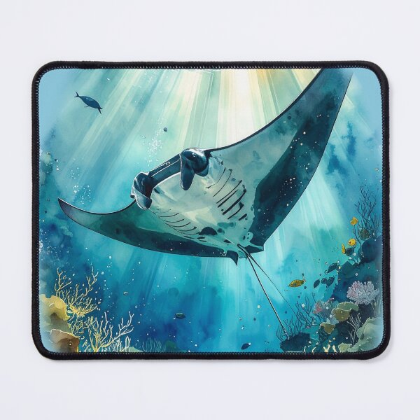 Item preview, Stunning watercolor manta ray coral reef underwater scene ocean art print designed and sold by icemanphotos.