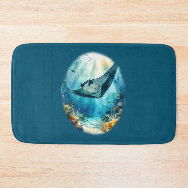 Item preview, Stunning watercolor manta ray coral reef underwater scene ocean art print designed and sold by icemanphotos.