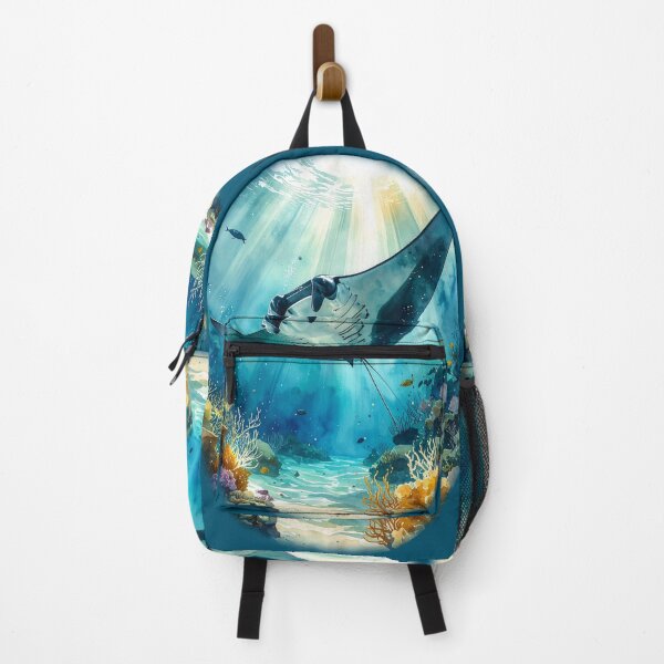 Item preview, Stunning watercolor manta ray coral reef underwater scene ocean art print designed and sold by icemanphotos.