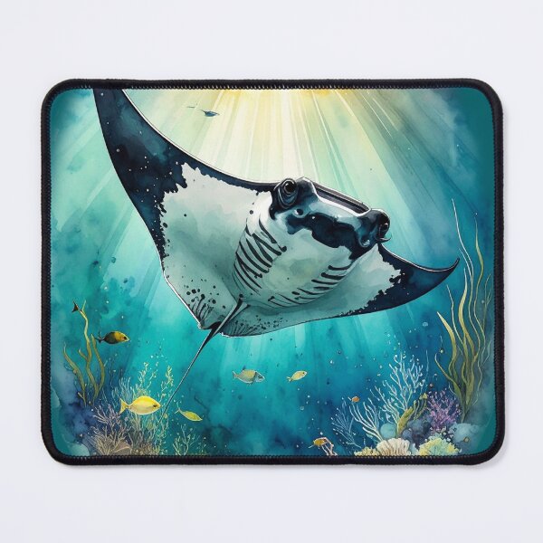 Item preview, Stunning watercolor manta ray coral reef tropical fish ocean sunlight art print designed and sold by icemanphotos.