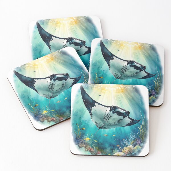 Item preview, Stunning watercolor manta ray coral reef tropical fish ocean sunlight art print designed and sold by icemanphotos.
