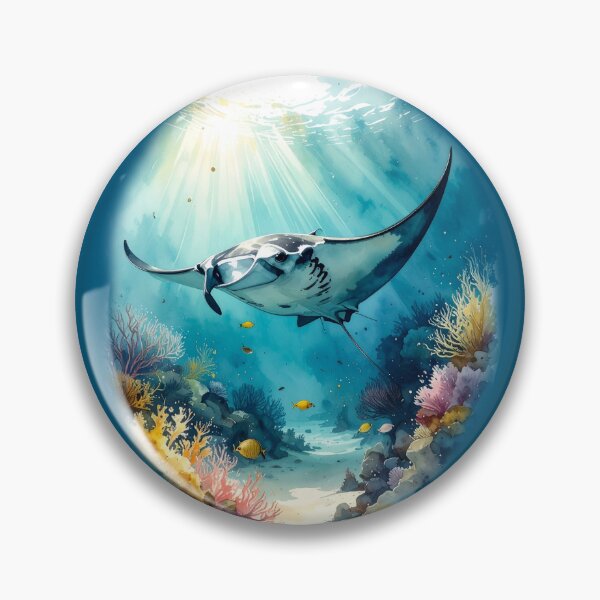 Item preview, Breathtaking watercolor manta ray coral reef tropical ocean underwater scene art print designed and sold by icemanphotos.