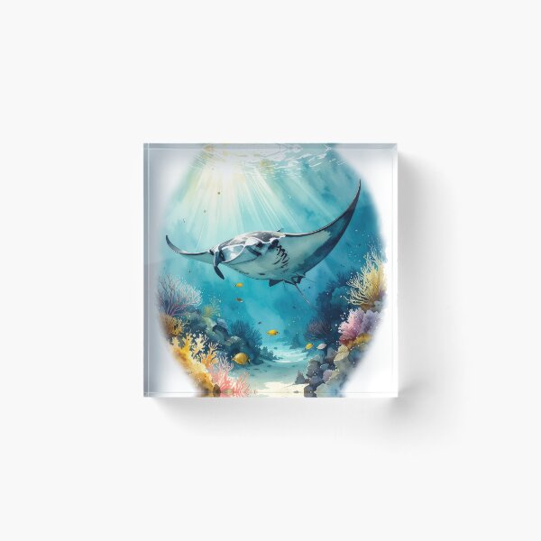 Item preview, Breathtaking watercolor manta ray coral reef tropical ocean underwater scene art print designed and sold by icemanphotos.
