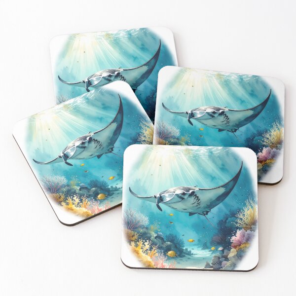 Item preview, Breathtaking watercolor manta ray coral reef tropical ocean underwater scene art print designed and sold by icemanphotos.