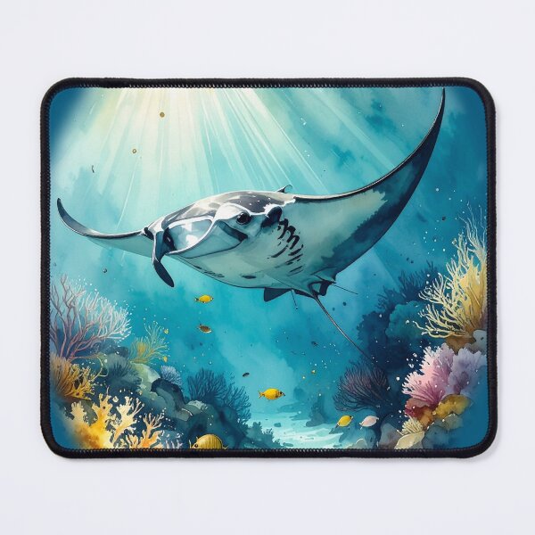 Item preview, Breathtaking watercolor manta ray coral reef tropical ocean underwater scene art print designed and sold by icemanphotos.