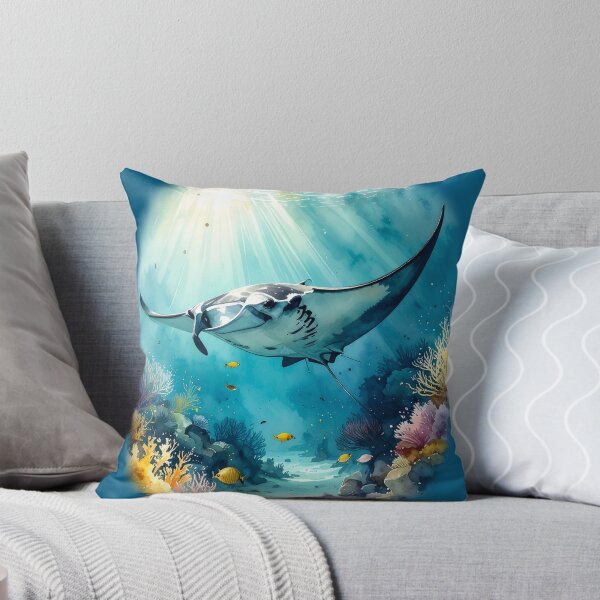 Item preview, Breathtaking watercolor manta ray coral reef tropical ocean underwater scene art print designed and sold by icemanphotos.